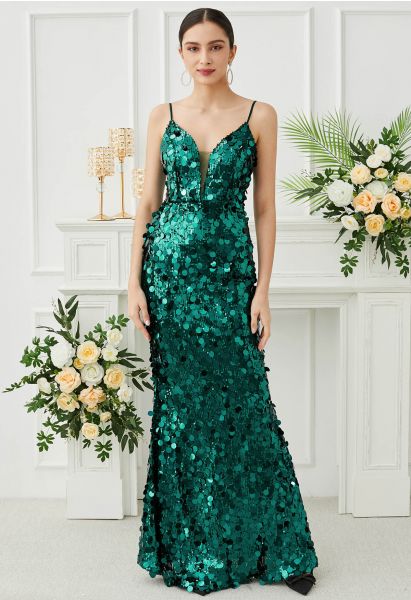 Robe caraco sirène à sequins et décolleté en V profond en émeraude