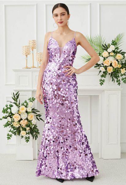 Robe sirène à sequins et décolleté en V profond en lilas