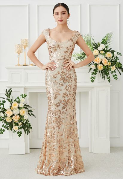 Robe sirène à sequins floraux et décolleté en cœur en abricot