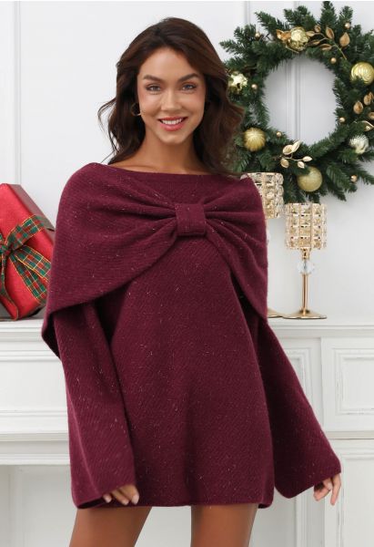 Robe pull en tricot métallisé 2 pièces avec nœud papillon en prune