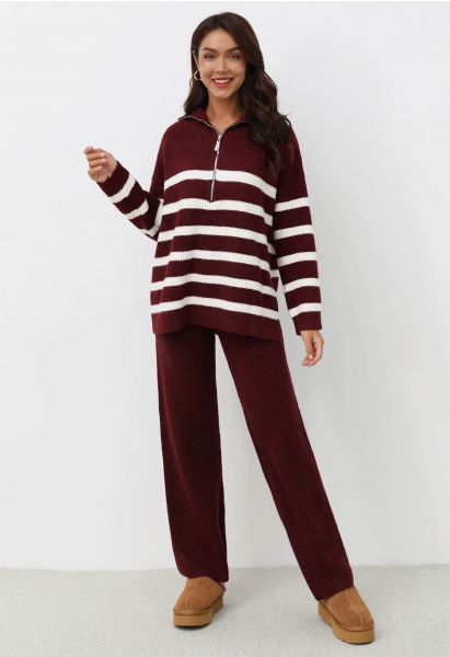 Ensemble pull et pantalon à demi-zip à rayures bordeaux