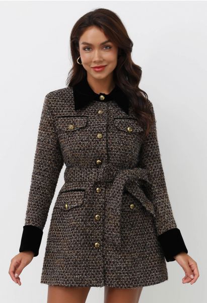 Robe blazer boutonnée en tweed épissé et velours duveteux en marron