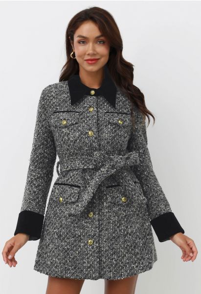 Robe blazer boutonnée en tweed à paillettes et velours gris