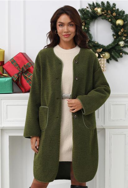 Manteau long boutonné sans col en sherpa vert kaki