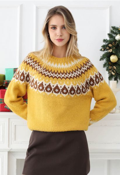 Pull en tricot Fair Isle ludique à motif de gouttes d'eau en jaune