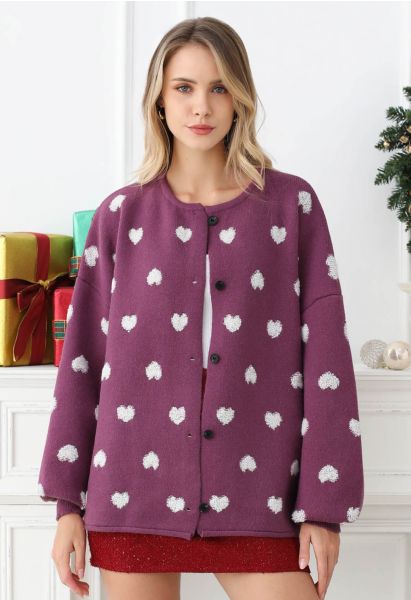 Cardigan boutonné en tricot jacquard à cœur pelucheux en violet