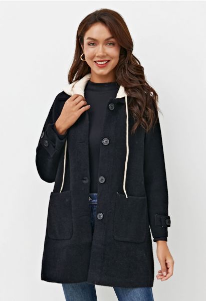 Manteau en tricot boutonné à capuche amovible en noir