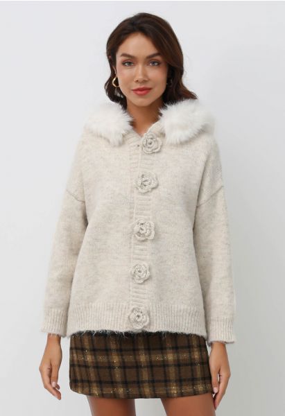 Cardigan tricoté à capuche en fausse fourrure avec boutons en forme de rose en flocons d'avoine