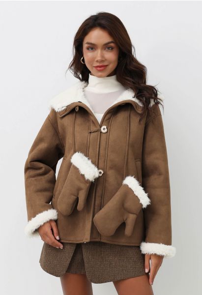 Manteau à capuche en faux daim et fourrure avec gants