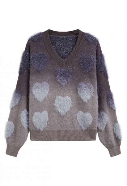 Pull en tricot à franges et cœurs flous ombrés en fumée