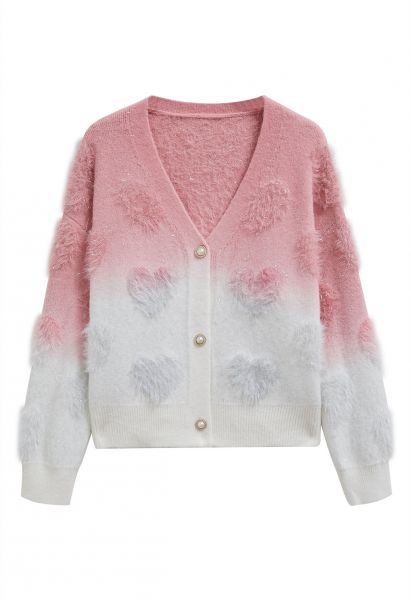 Cardigan boutonné en tricot à motif cœur flou ombré