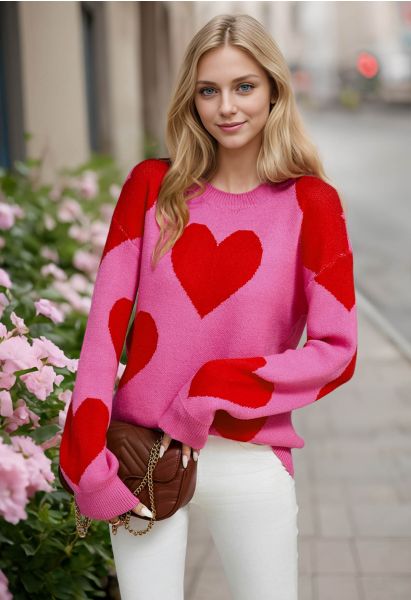 Pull ras du cou en tricot Soulful Heart en rose vif