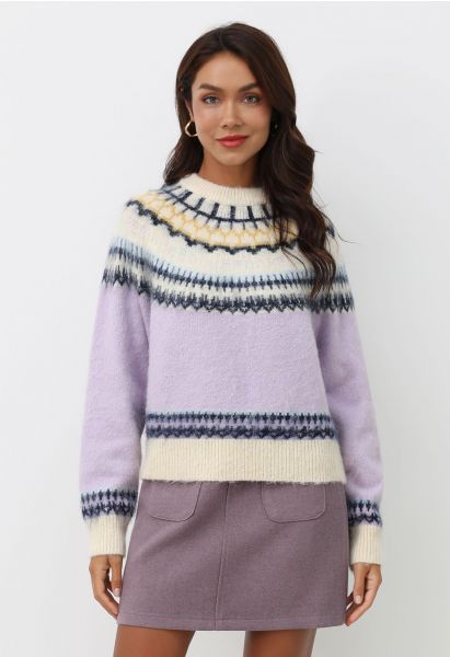 Pull en tricot flou Fair Isle multicolore en lilas