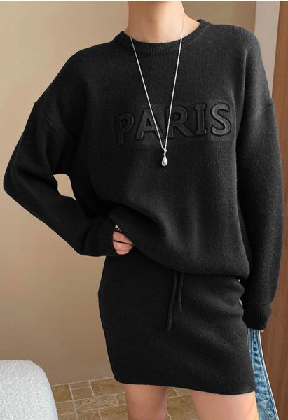 Ensemble pull et jupe en tricot lettre Paris en noir