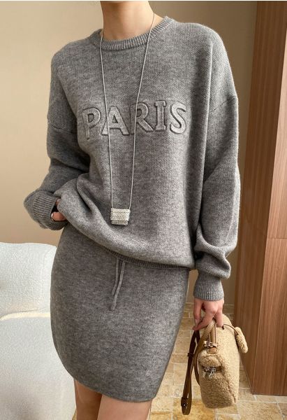 Ensemble pull et jupe en tricot à lettres Paris en gris