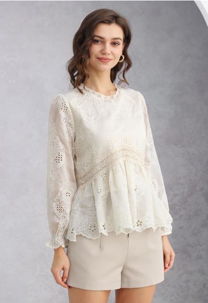 Floral Embroidered Lace Peplum Top