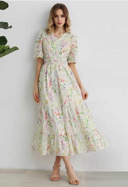 Robe portefeuille à imprimé fleurs sauvages à broderies œillets et imprimé aquarelle