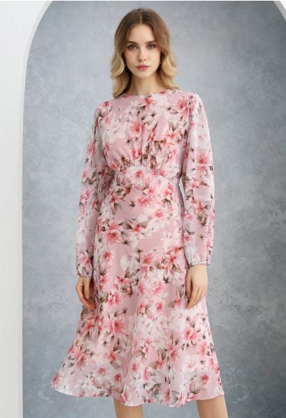 Robe mi-longue en mousseline à manches bouffantes et imprimé fleurs de cerisier