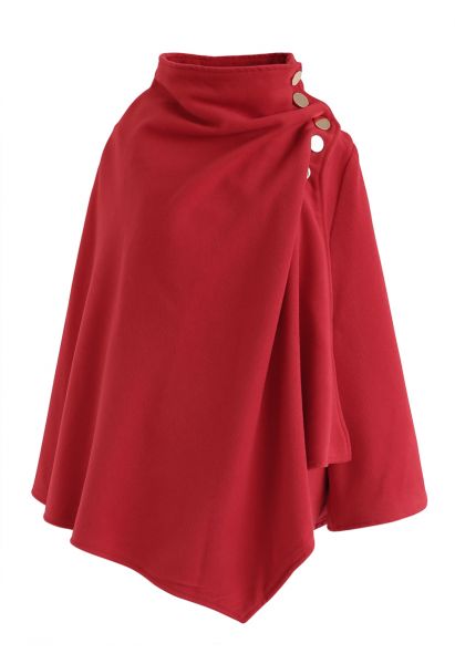 Manteau cape enveloppant boutonné à ourlet asymétrique en rouge