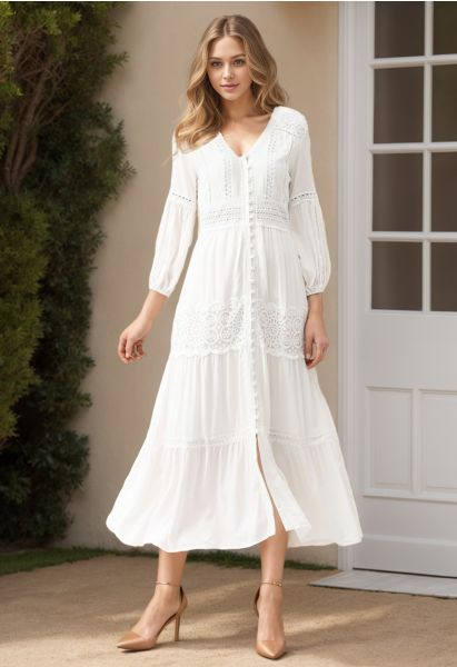 Robe Maxi Bohème Brodée au Crocheter Boutonnée en Blanc