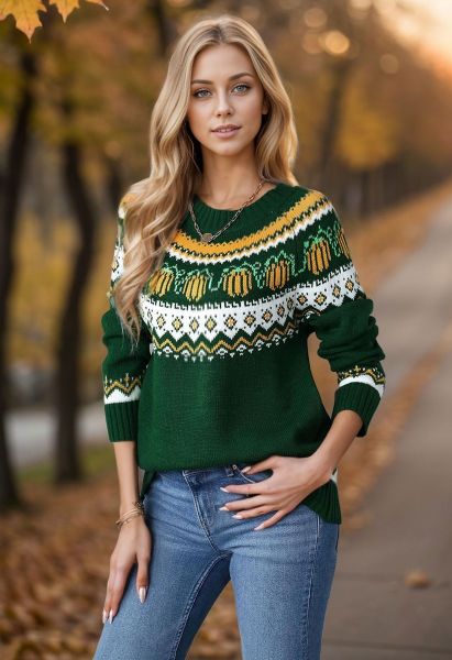 Pull en tricot à manches longues Pumpkin Delight en vert