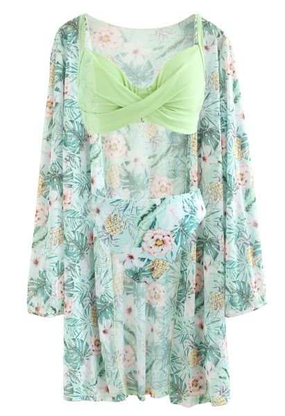 Ensemble cache-maillot de bain Fresh Floral Crisscross Front en vert clair
