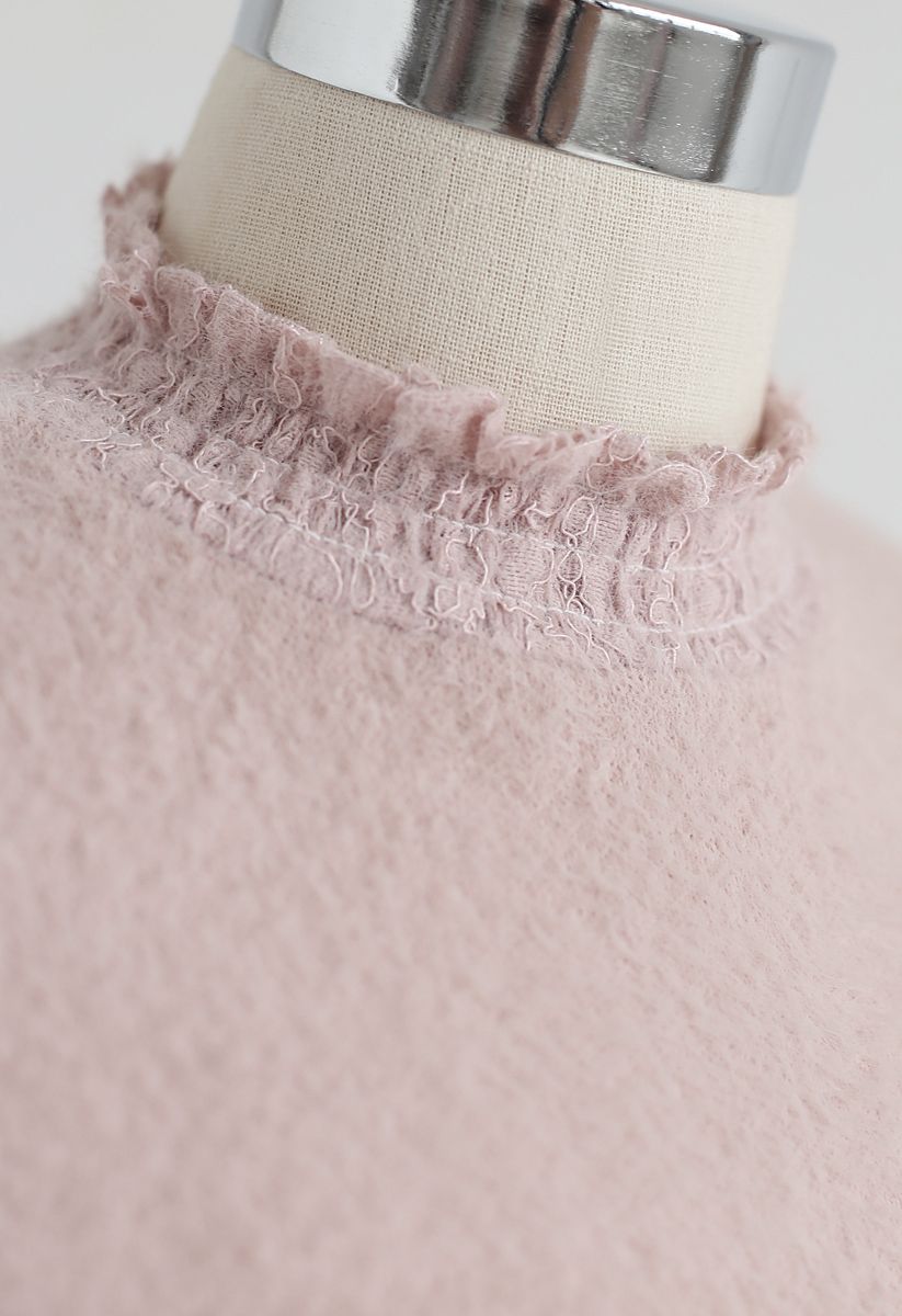 Robe droite en tricot moelleux à ourlet en dentelle rose