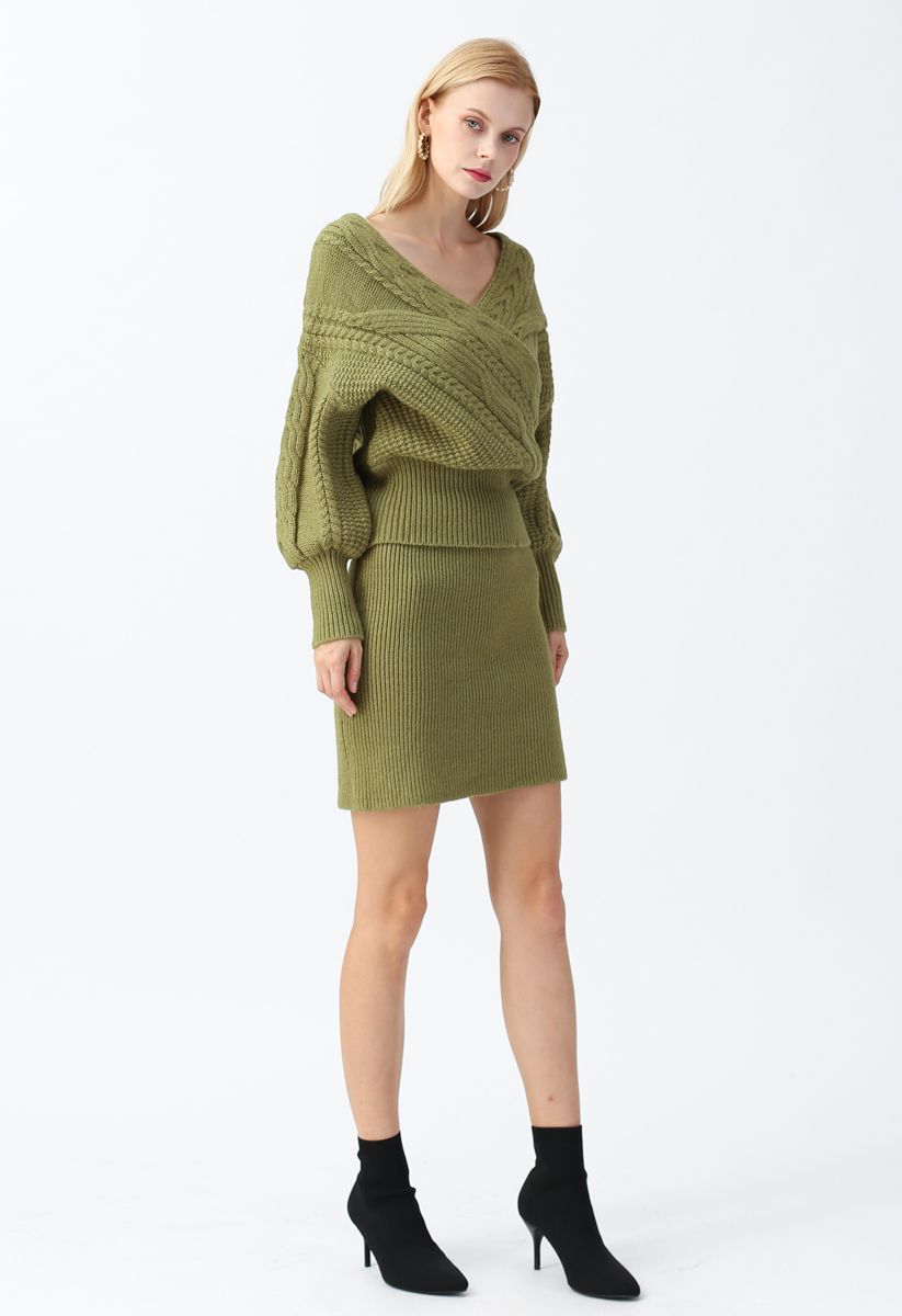 Jupe en tricot à texture moelleuse en vert armée