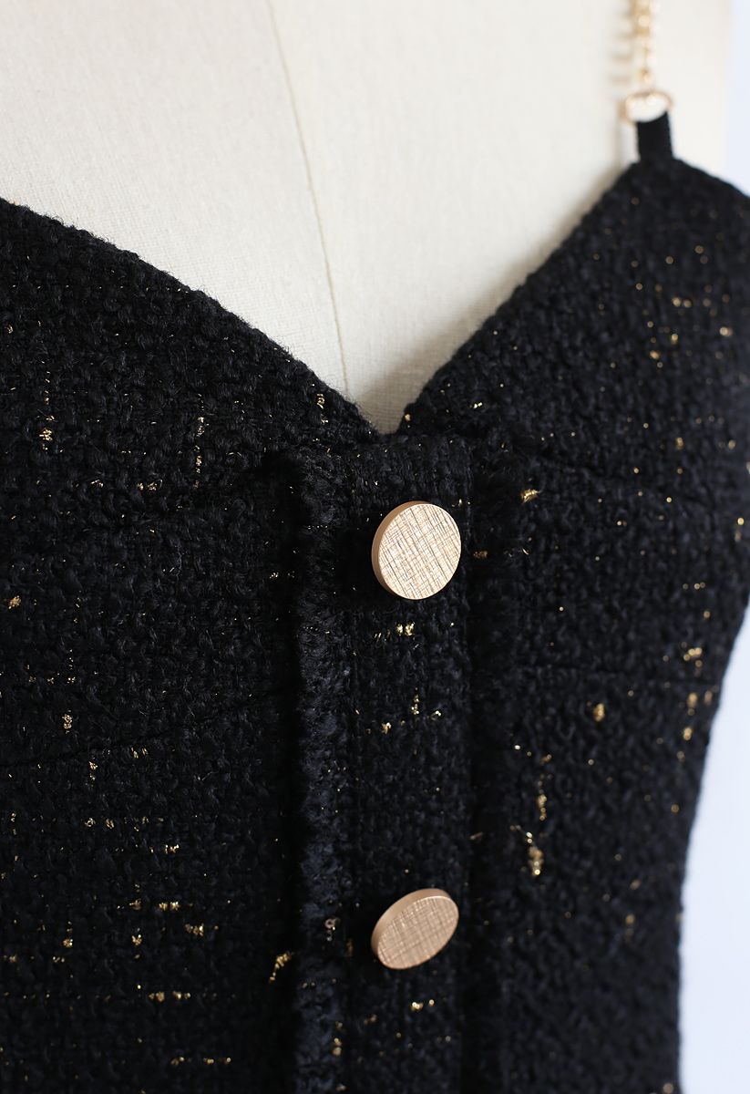 Robe caraco boutonnée en tweed à ourlet brut en noir