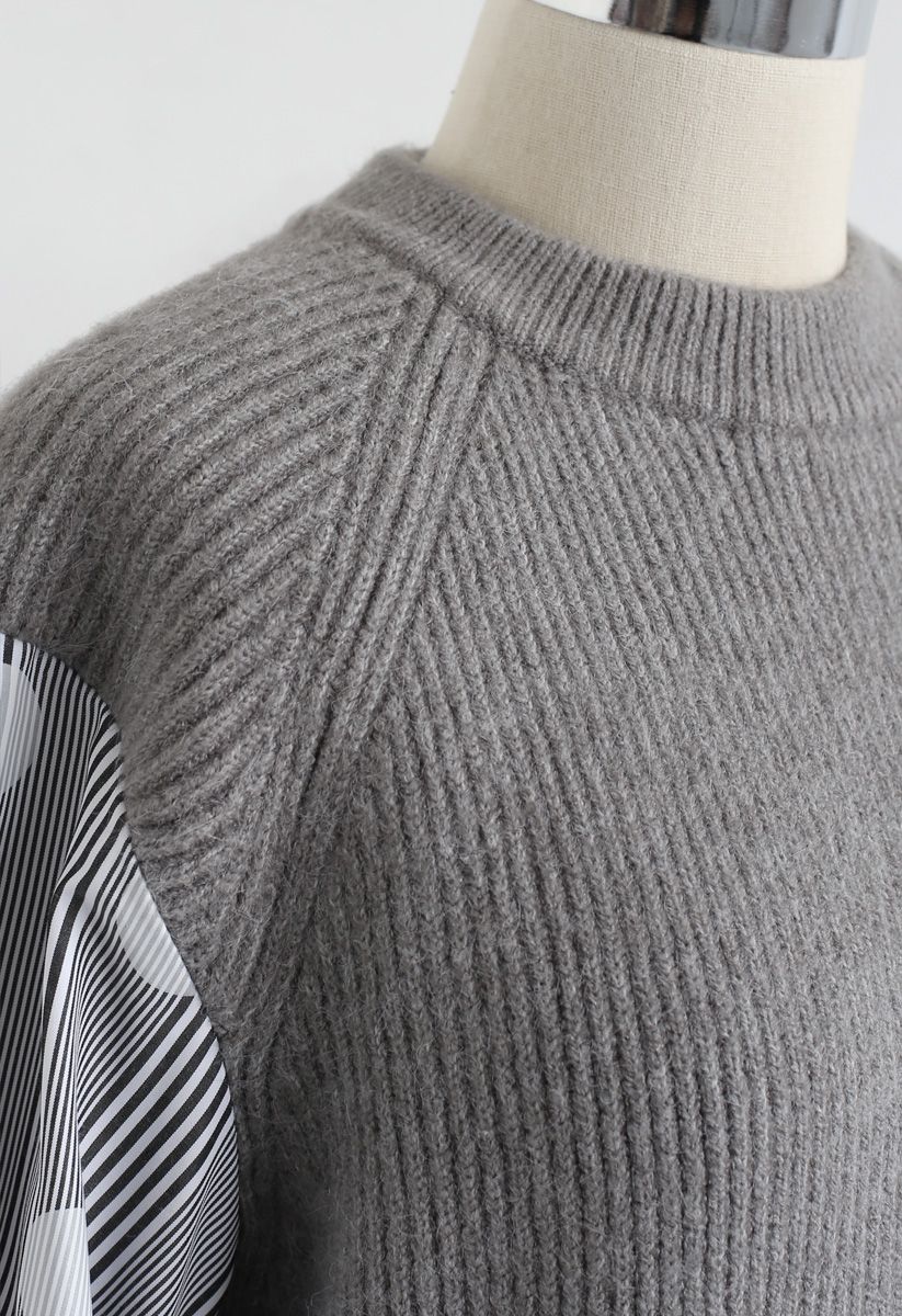 Robe droite en tricot côtelé à manches épissées en gris