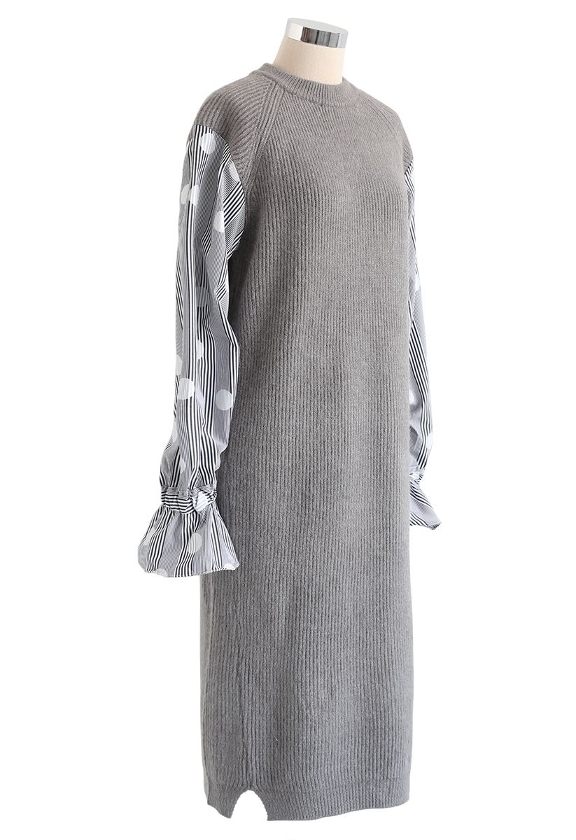 Robe droite en tricot côtelé à manches épissées en gris