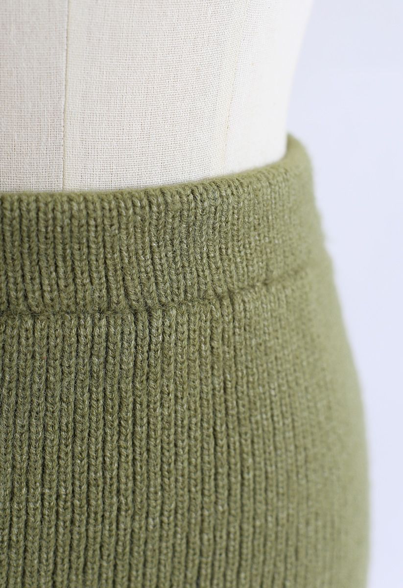 Jupe en tricot à texture moelleuse en vert armée