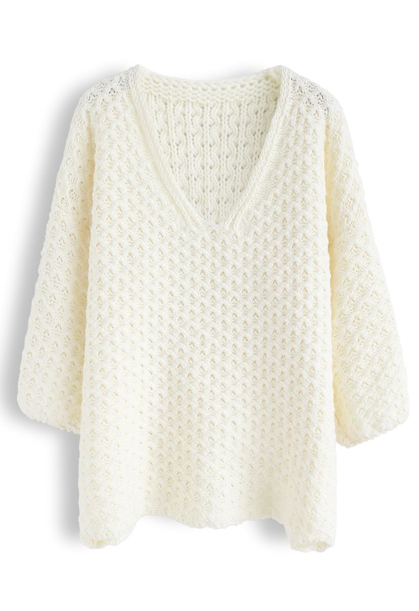 Pull en tricot surdimensionné à col en V évidé en blanc