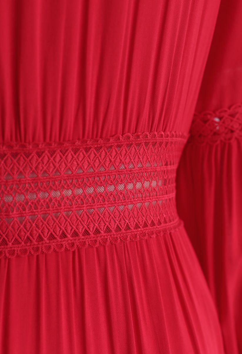 Robe Maxi Bohème Brodée au Crocheter Boutonnée en Rouge