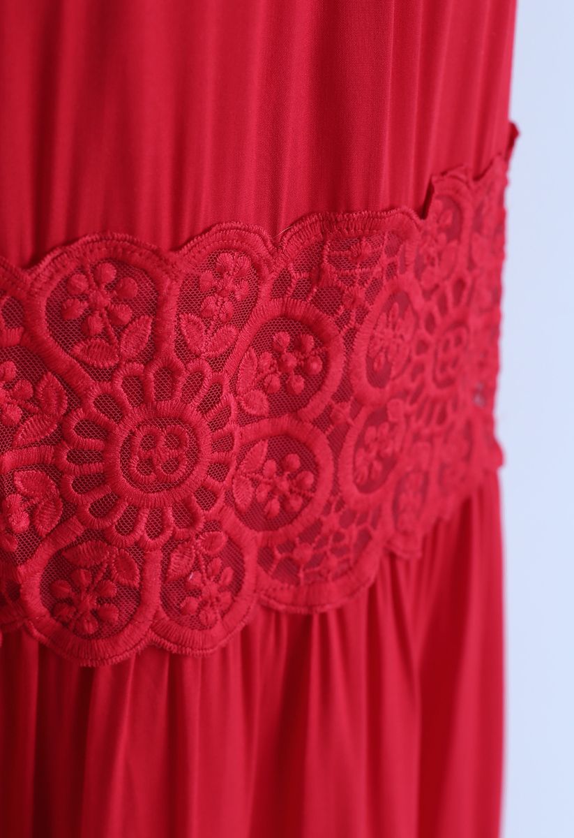 Robe Maxi Bohème Brodée au Crocheter Boutonnée en Rouge