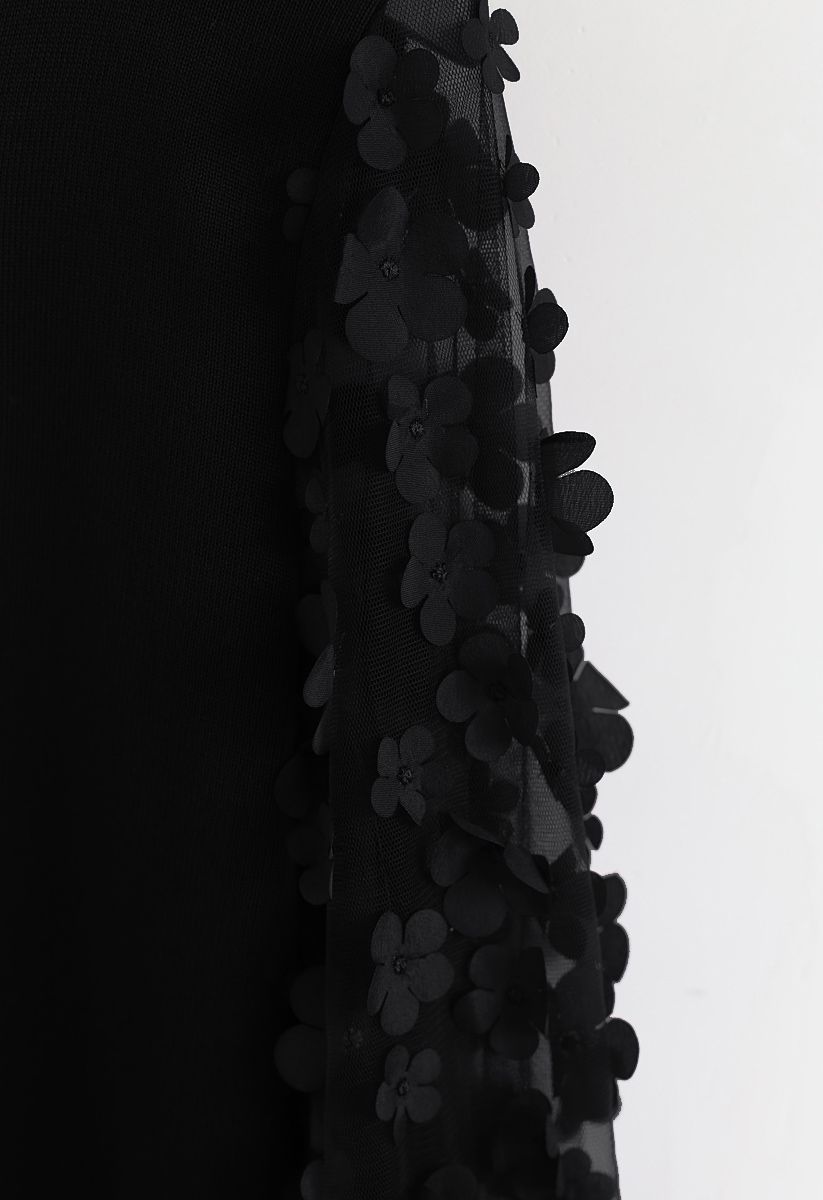 Haut en tricot à manches en maille fleurie 3D en noir