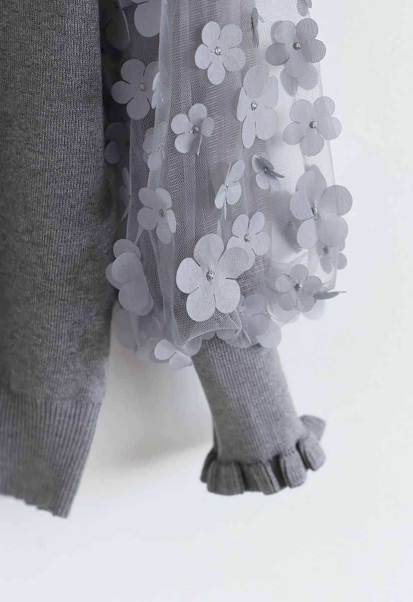 Haut en tricot à manches en maille fleurie 3D en gris