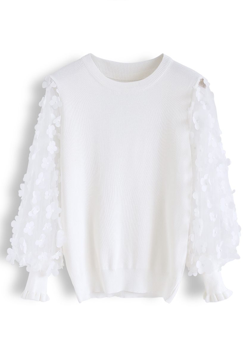 Haut en tricot à manches en maille fleurie 3D en blanc