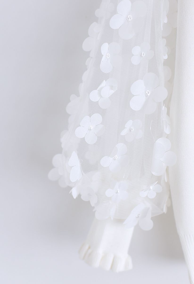 Haut en tricot à manches en maille fleurie 3D en blanc