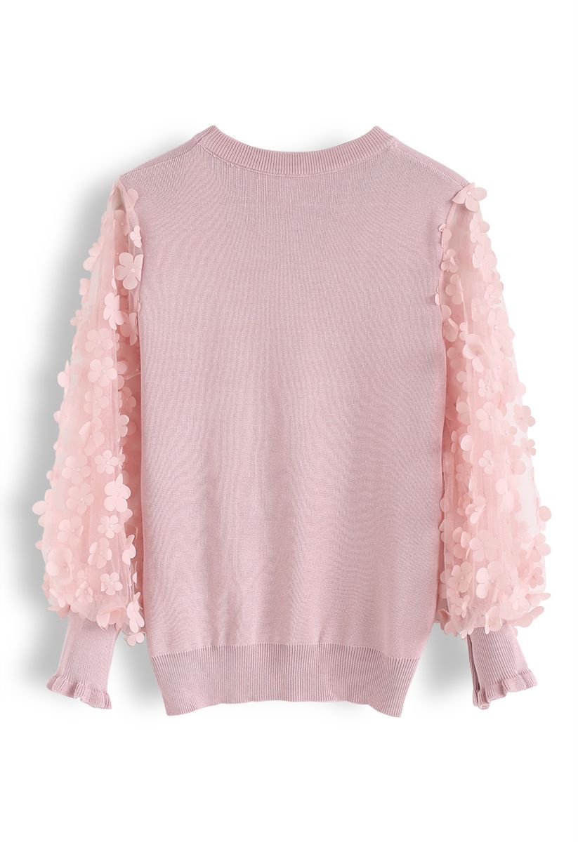Haut en tricot à manches en maille fleurie 3D en rose