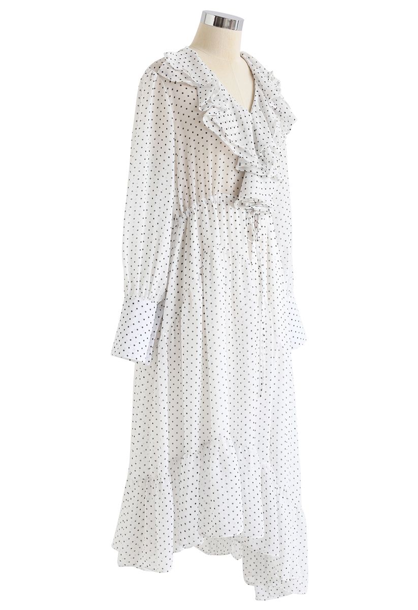 Robe Asymétrique à Volants et Pois en Blanc