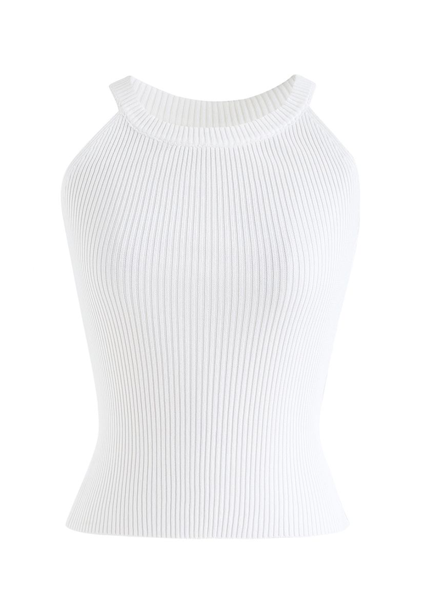 Débardeur à dos nu en tricot côtelé ajusté en blanc
