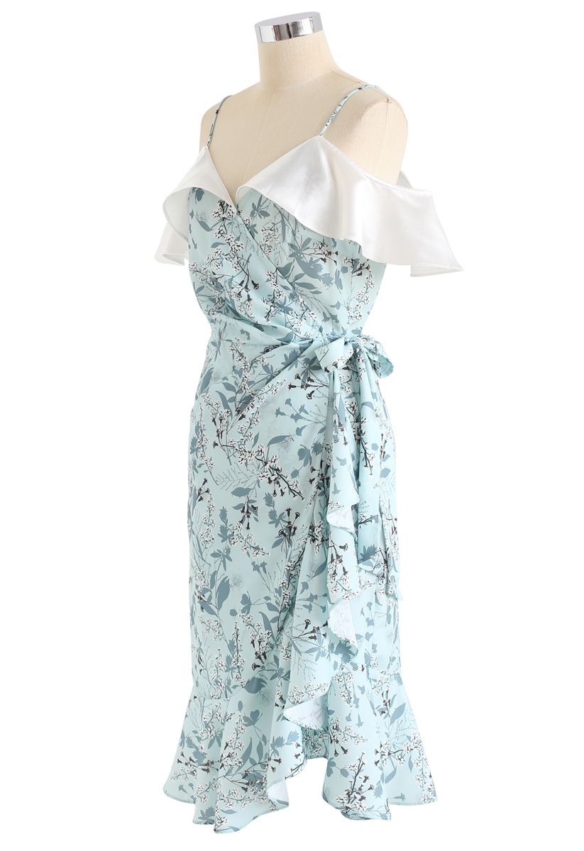 Robe Caraco Enveloppée à Volants Imprimé Fleuret Verdure