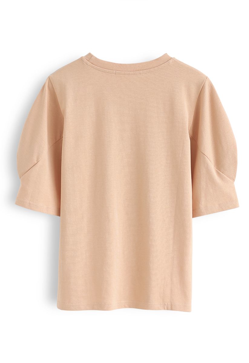 T-shirt Pure Color à manches bouffantes en abricot