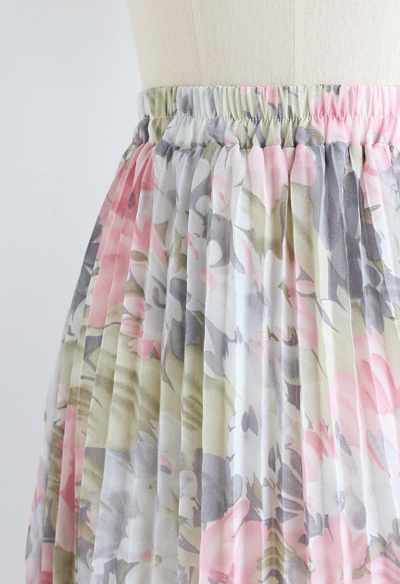 Délicieuse jupe en mousseline de soie plissée à fleurs en rose