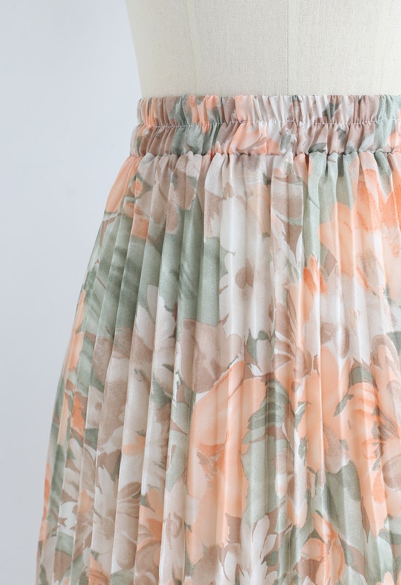 Délicieuse jupe en mousseline de soie plissée à fleurs en corail