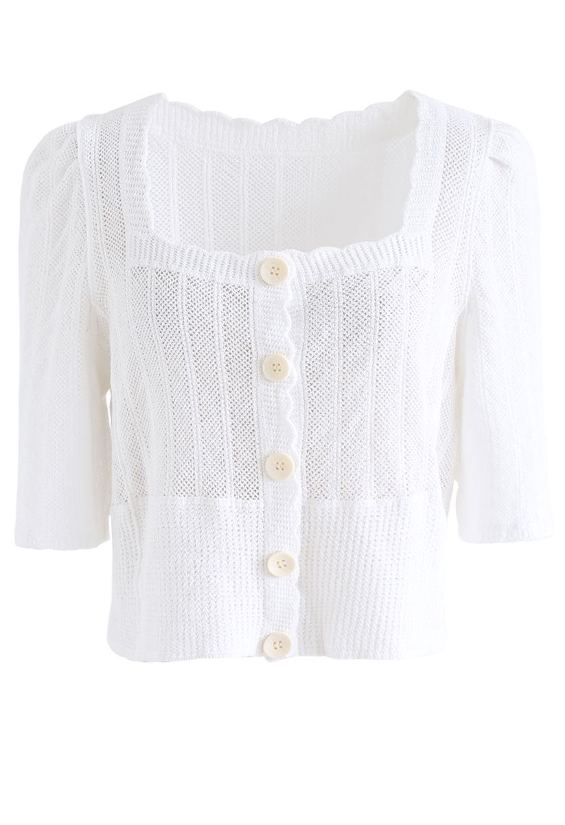 Crop top boutonné à encolure carrée en tricot ouvert en blanc