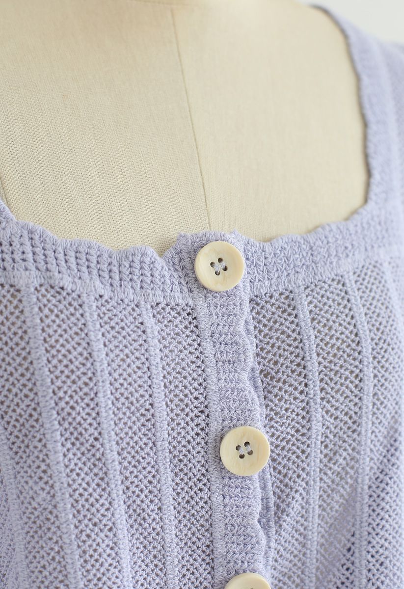 Crop top boutonné à encolure carrée en tricot ouvert en lilas