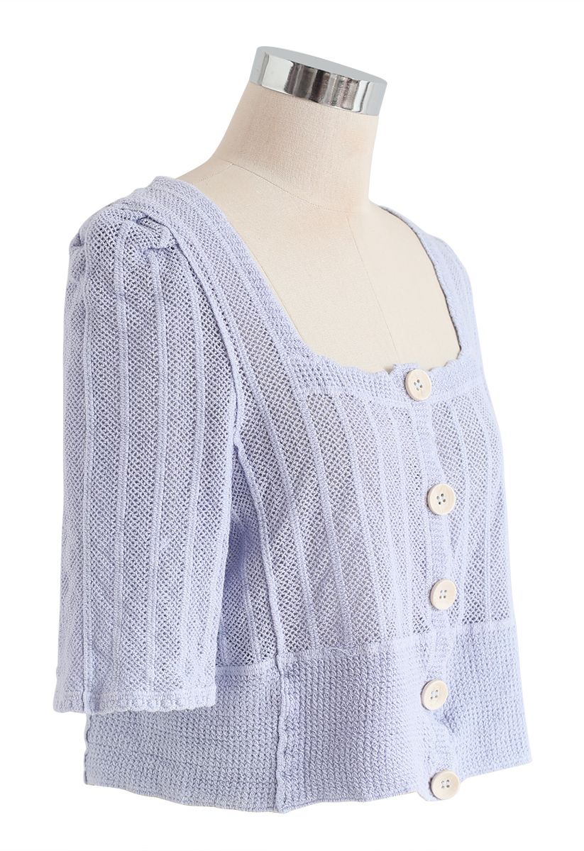 Crop top boutonné à encolure carrée en tricot ouvert en lilas