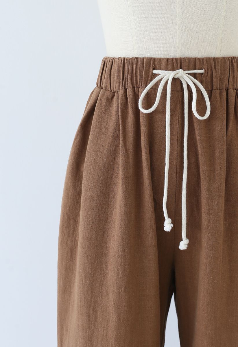 Pantalon large à taille avec cordon de serrage en caramel